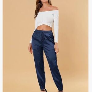 Satin Blue Jogger Pants with Elastic Waistband Size Small Special Price 🥳